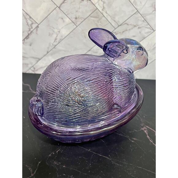 Purple Iridescent Glass Bunny Covered Dish – Hen on Nest Style - Picture 4 of 5